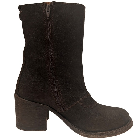 JL J. Litvack Moto Boots Bootie Brown Suede Four Buckle Chunky Stacked Heel - Picture 9 of 16